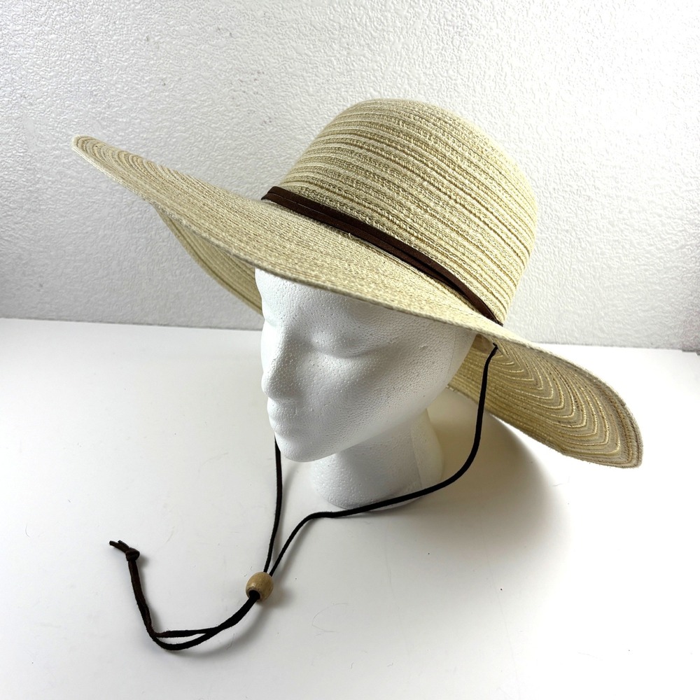 Shoe Shack Sun Hat Womens OS Beige Wide Brim Woven Straw Chin Strap Beach Summer